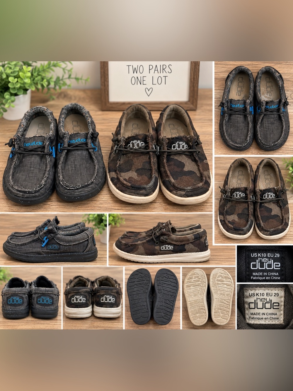 Lot of 2 pairs of Hey Dude kids shoes, both size K10 / EU 29.